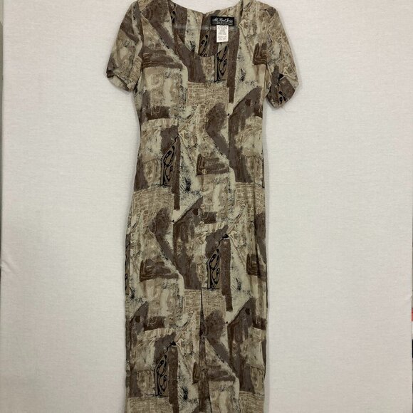 Vintage All that Jazz Brown Gray Abstract Artsy Soft Rayon Midi Dress Medium - Picture 1 of 13
